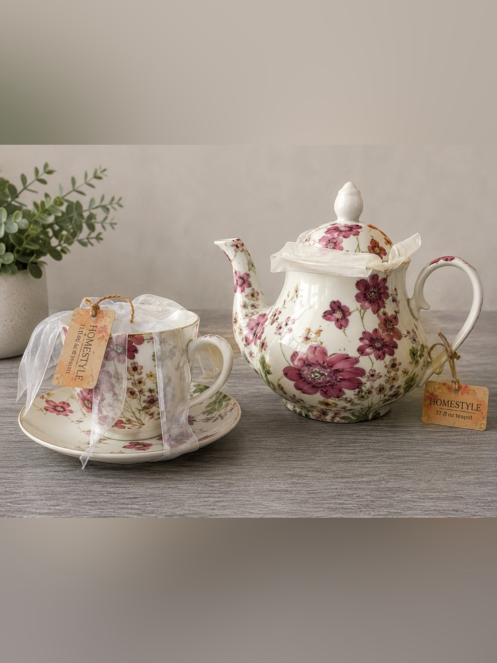 Homestyle Floral Teapot Teacup Saucer Set Pink White Cottagecore Brunch  NWT
